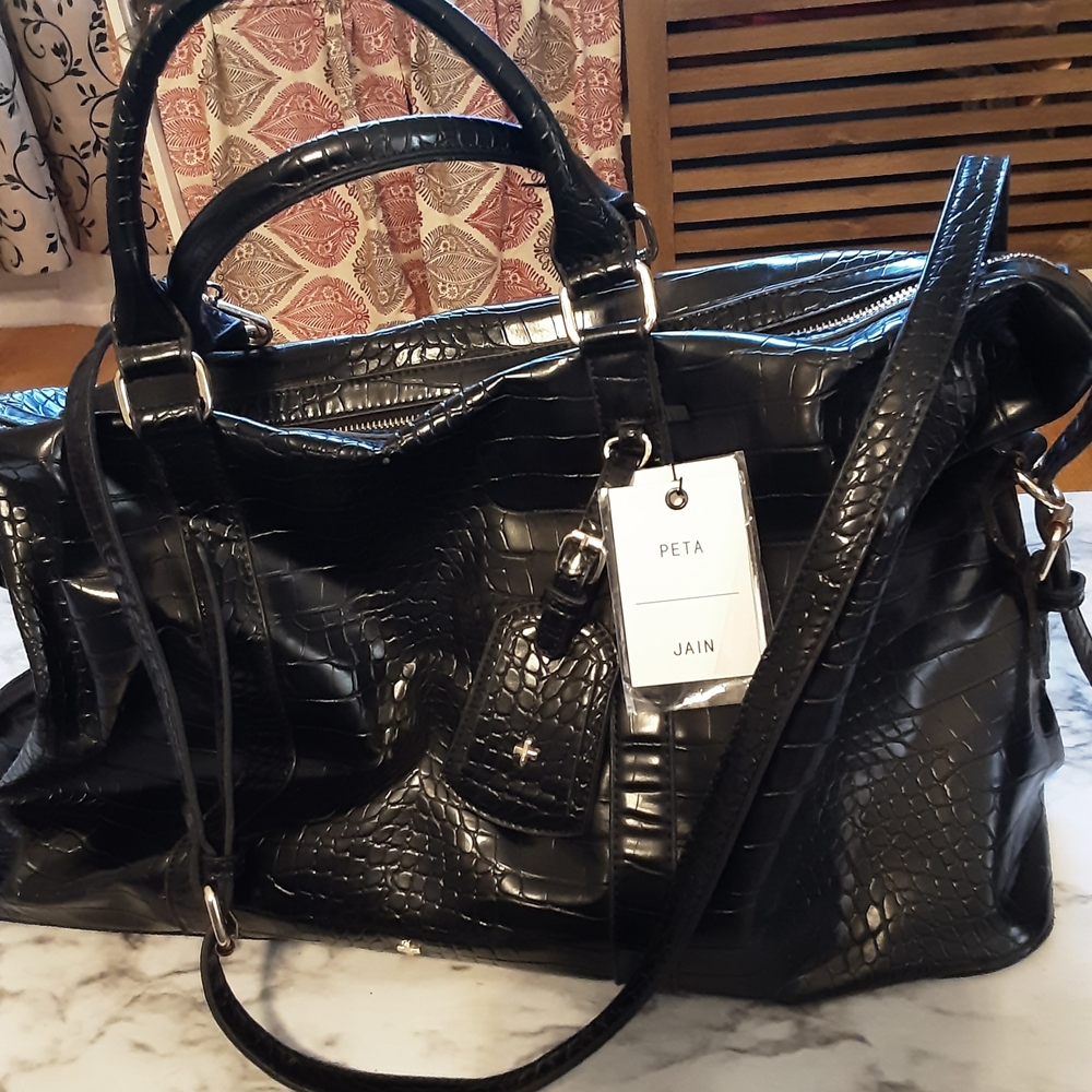Peta + Jain Black Croc-Embossed Shoulder Bag